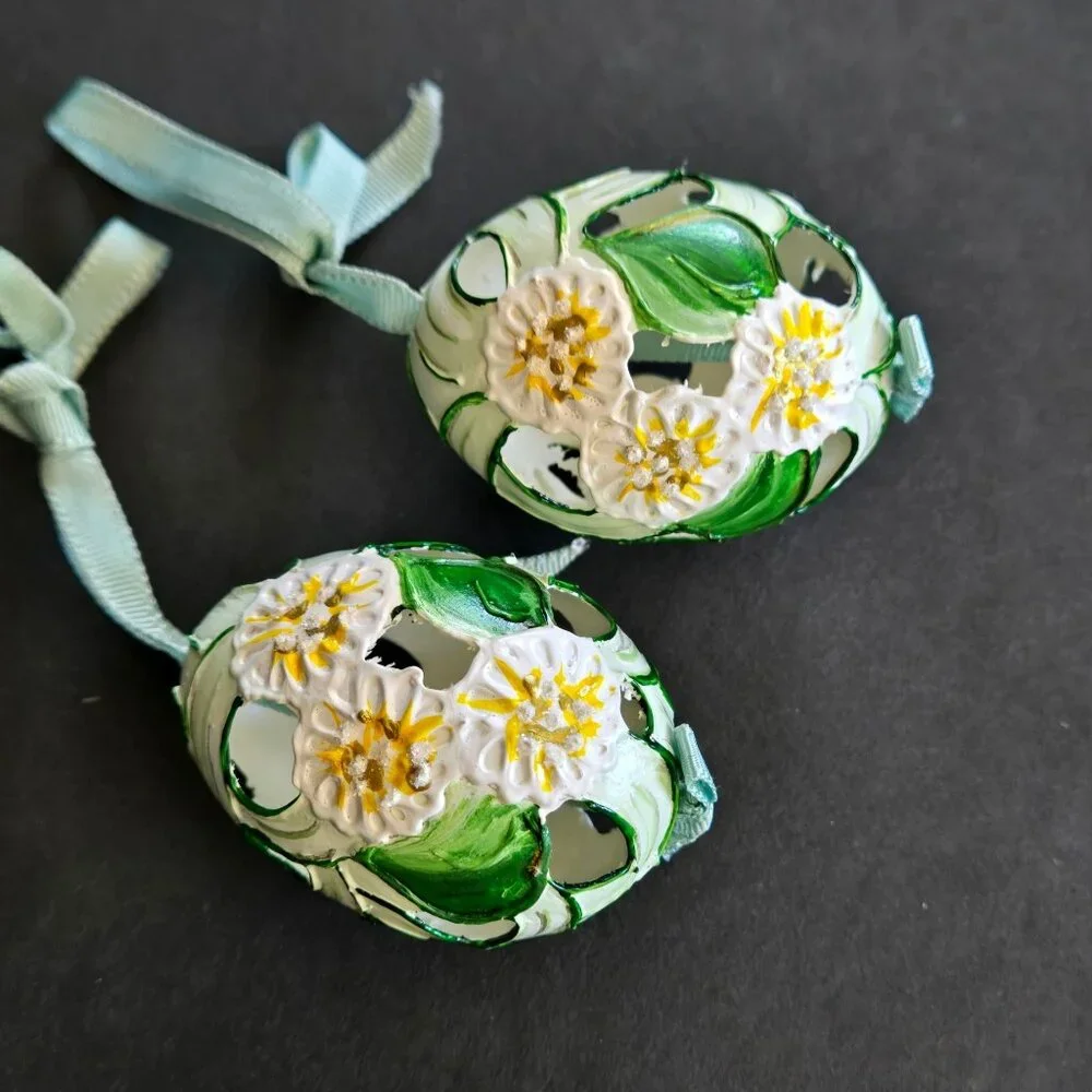 Handcrafted Floral Decorated Open Work Real Eggs Delicate Easter Egg Set of 2 - Picture 3 of 8